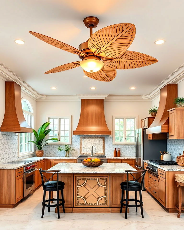 palm shaped blades for ceiling fans - 20 Tropical Kitchen Ideas