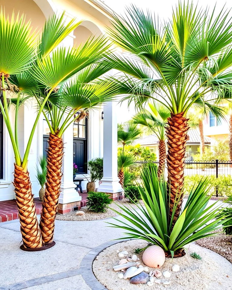 palms and sand for coastal theme - 30 Front Yard Palm Tree Landscape Design Ideas