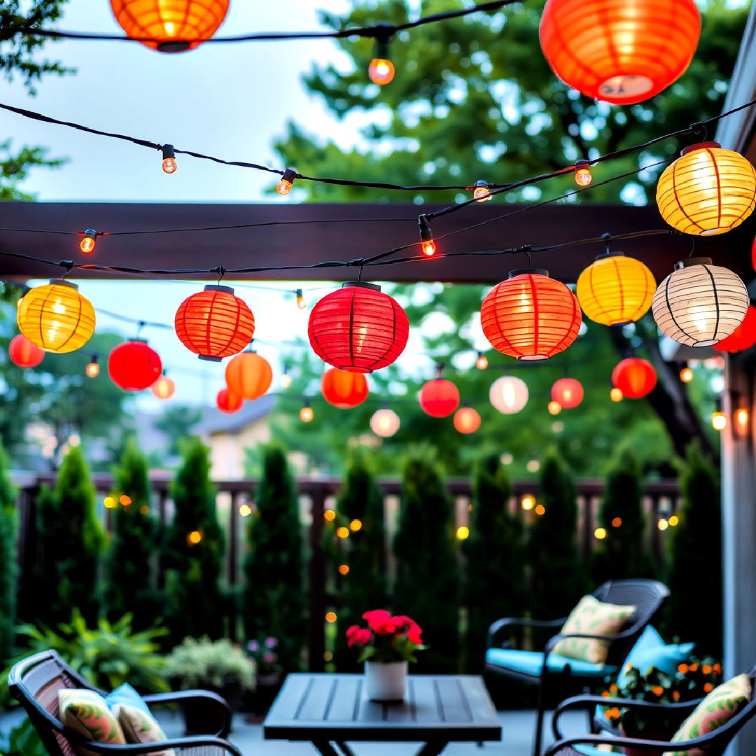paper lantern string lights to add whimsical charm - 40 Patio String Light Ideas