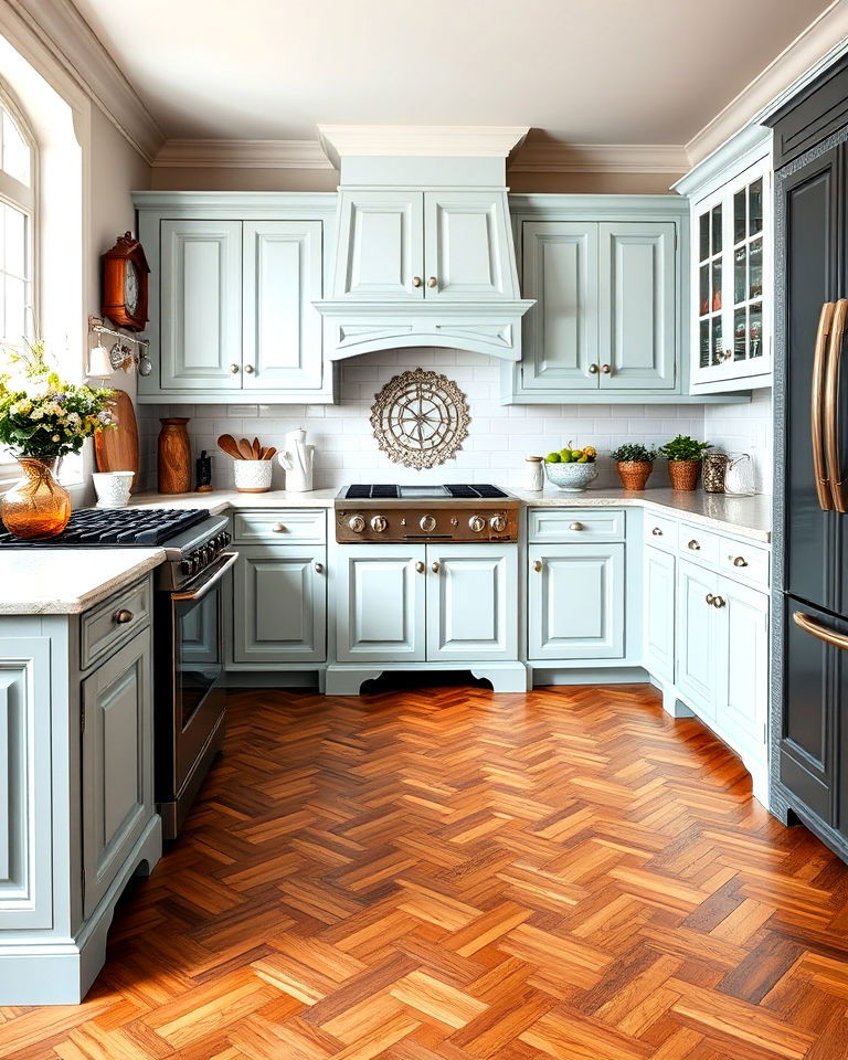 parquet wood floor for french country kitchen - 15 Kitchens With Wood Floors