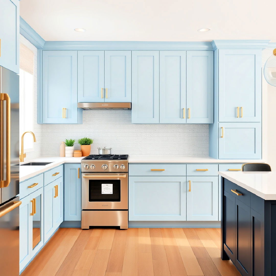 pastel blue cabinets with geometric gold hardware - 30 Blue Kitchen Cabinets With Gold Hardware