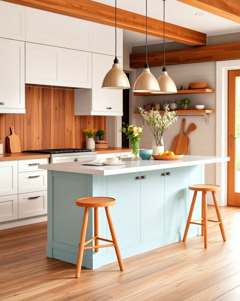 pastel blue island with warm wooden accents - 30 White Kitchen Cabinets With Blue Island