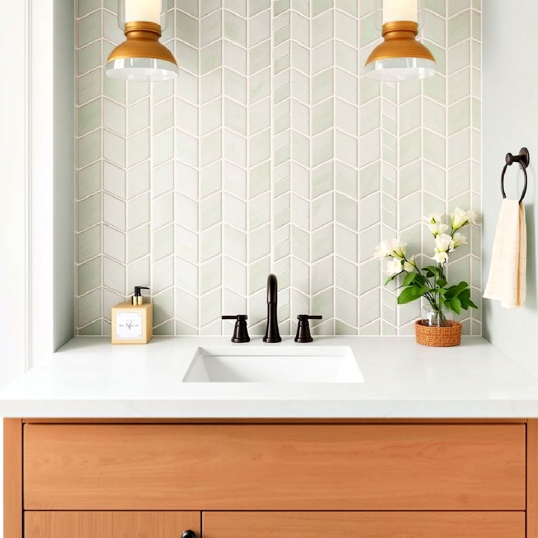 pastel green herringbone tiles for backsplash - 25 Green Tile Bathroom Ideas