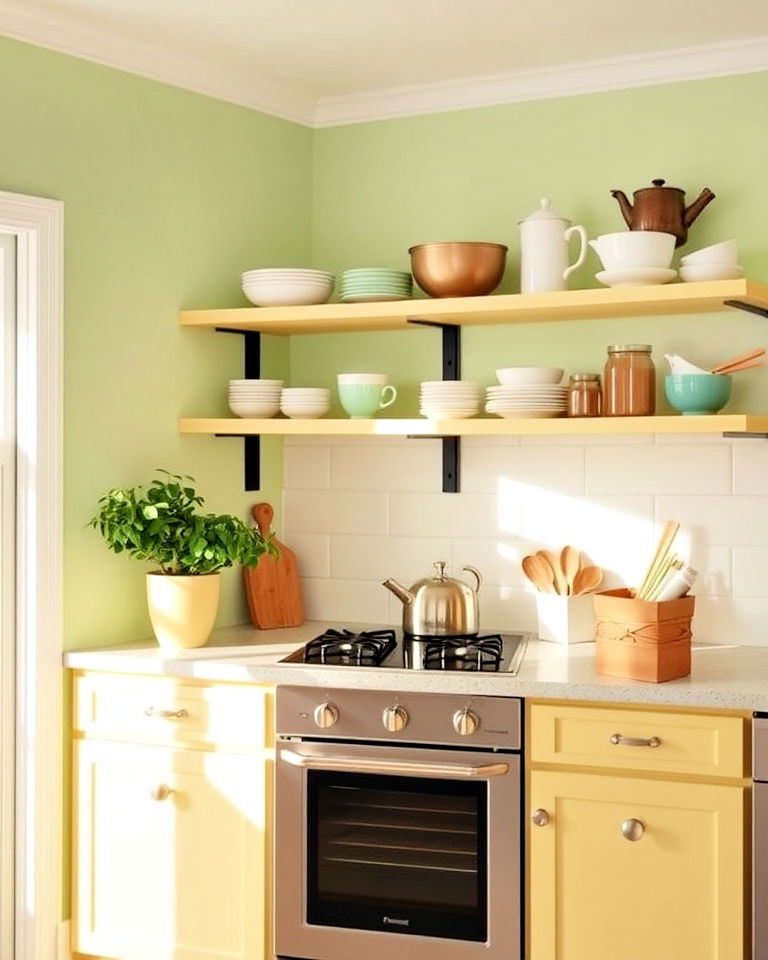 pastel green walls with soft yellow shelving - 20 Green and Yellow Kitchen Ideas