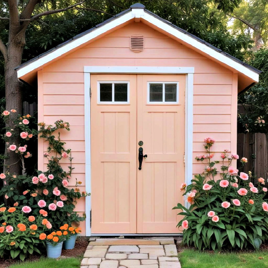 pastel peach shed pairs with floral garden - 20 Shed Color Ideas