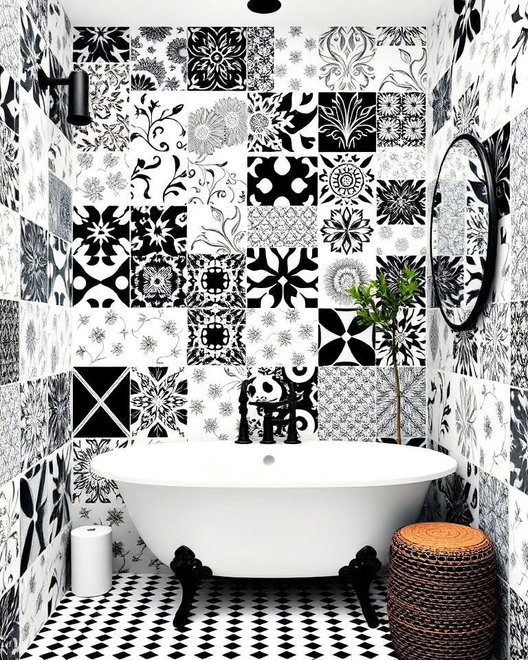 patchwork tile design for black and white bathroom - 20 Black and White Bathroom Tile Ideas