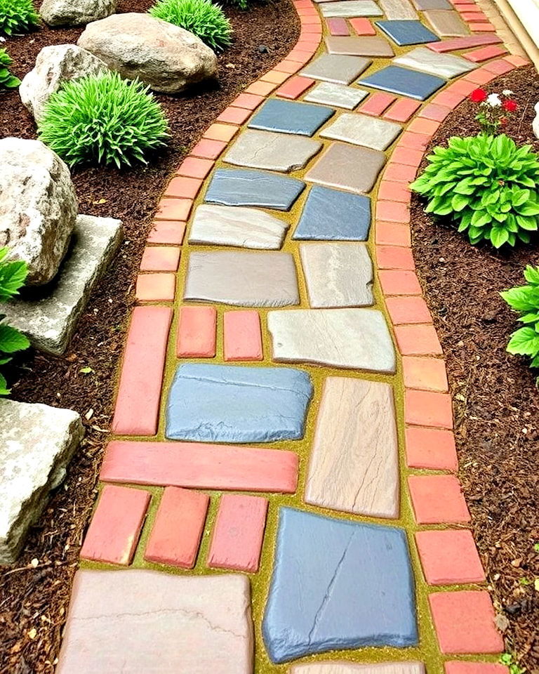 pathway with slate and brick combo - 30 Stepping Stone Walkway Ideas
