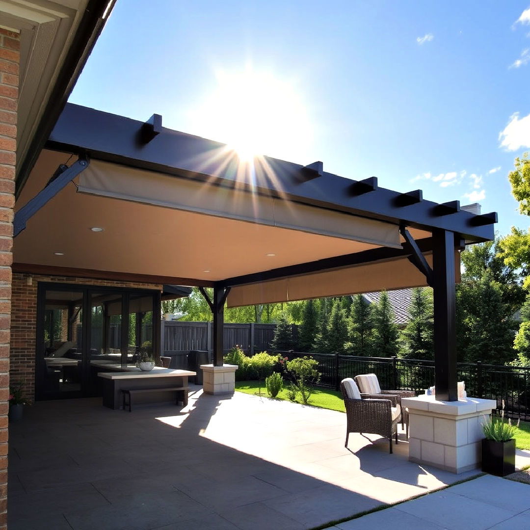 patio pergola with sliding panels for adjustable shade - 40 Patio With a Pergola Ideas