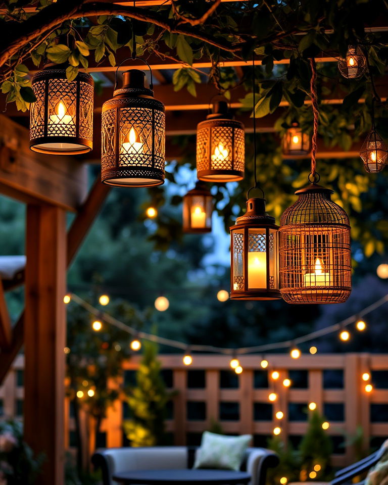 patio space with hanging lanterns - 30 Lantern Decor Ideas
