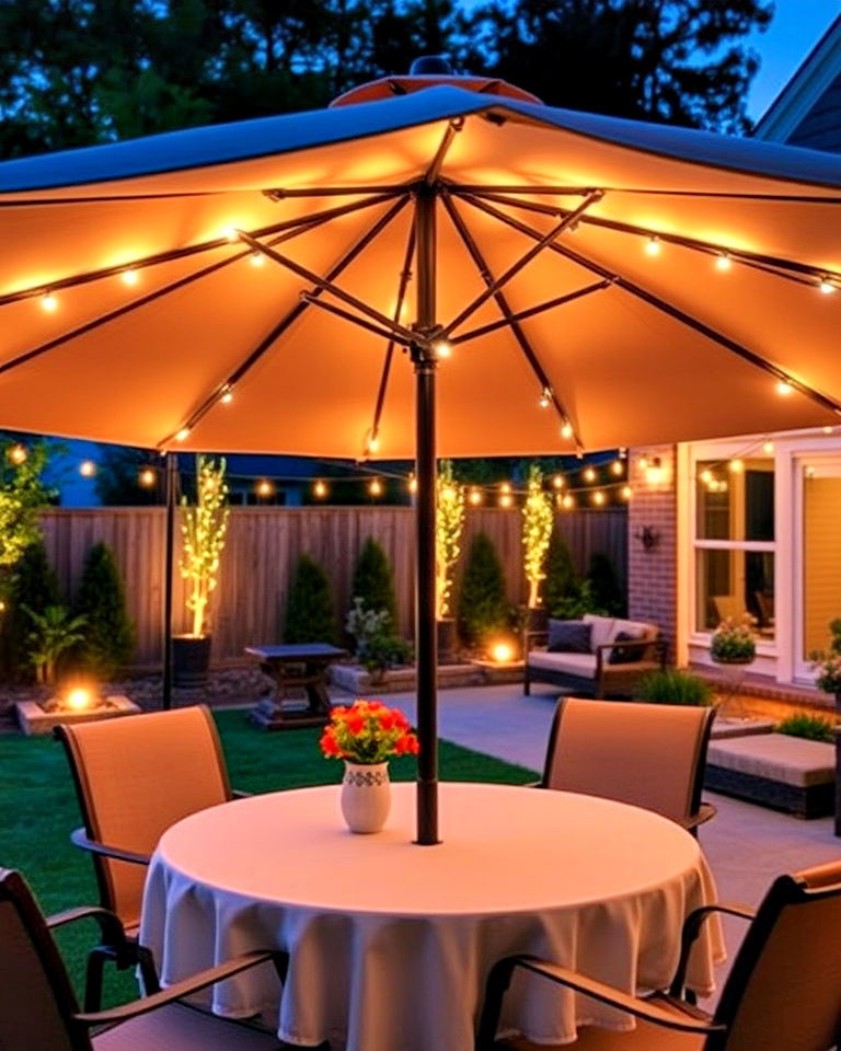 patio umbrella with built in lights - 40 Backyard Lighting Ideas