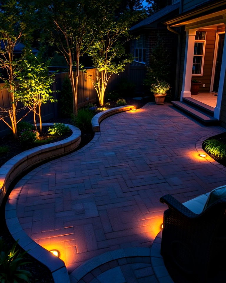 patio with built in lighting among the pavers - 40 Paver Patio Ideas