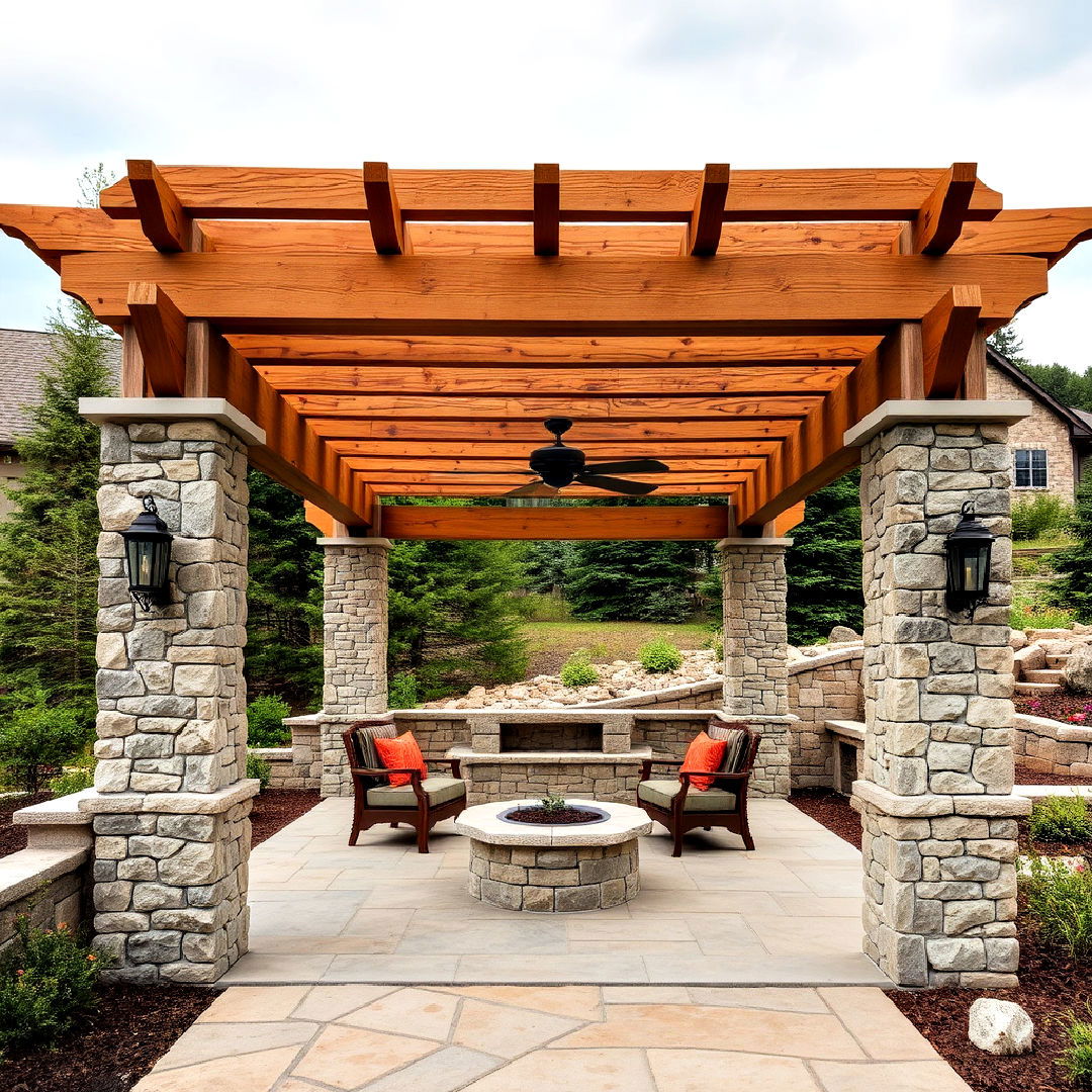 patio with stone and wood pergola - 40 Patio With a Pergola Ideas