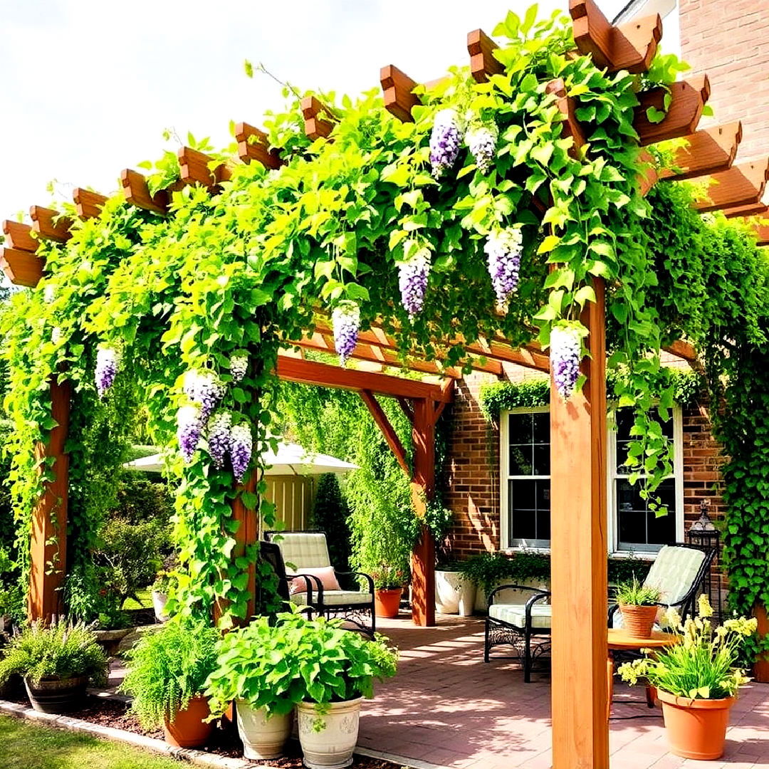 patio with vine covered pergola - 40 Patio With a Pergola Ideas