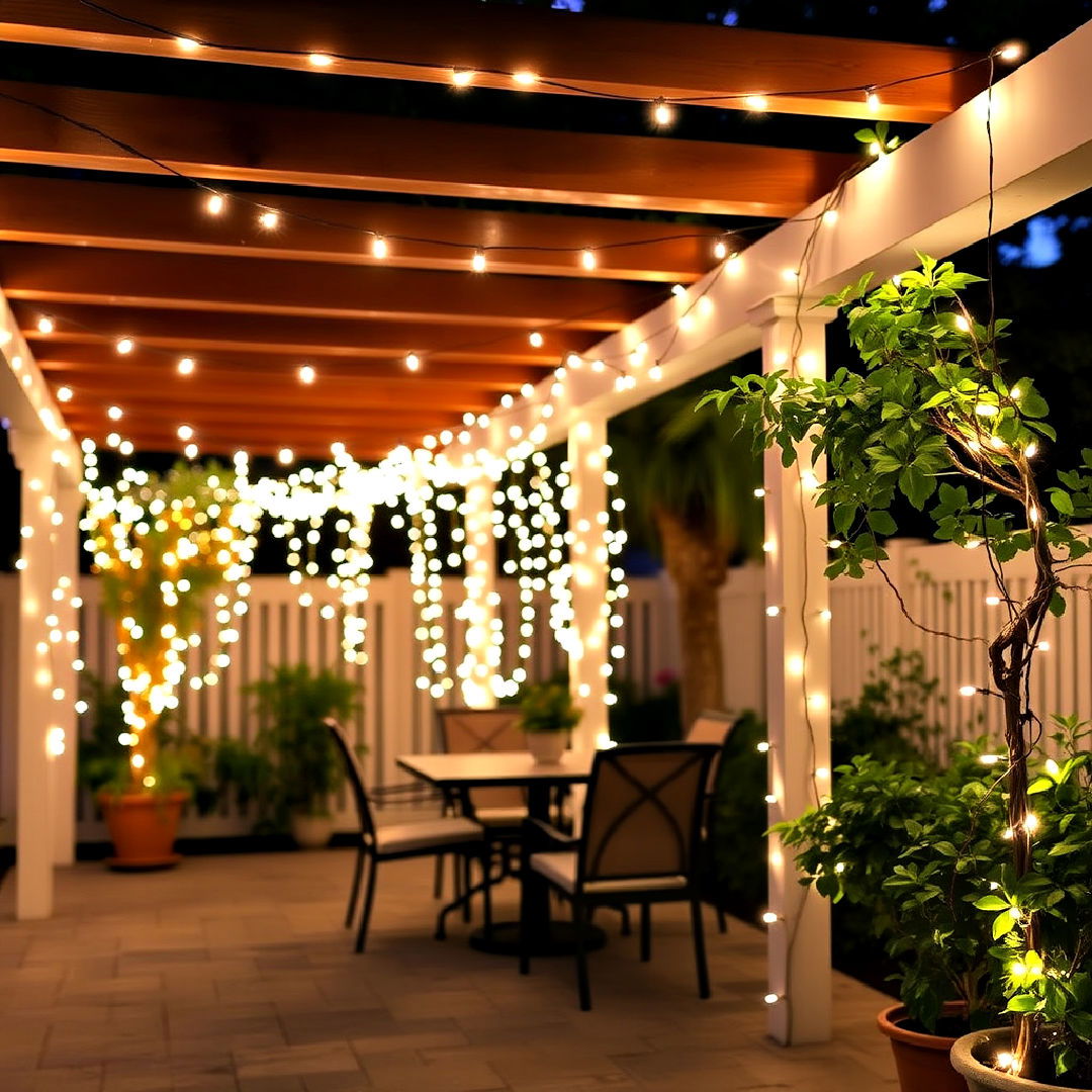 patio with white bulb twinkle lights - 40 Patio String Light Ideas