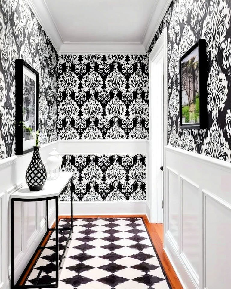patterned black and white wallpaper for hallway - 20 Black and White Hallway Ideas