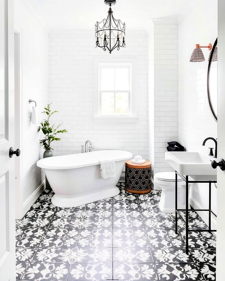 patterned black bathroom floor tiles - 20 Black Floor Bathroom With White Walls Ideas