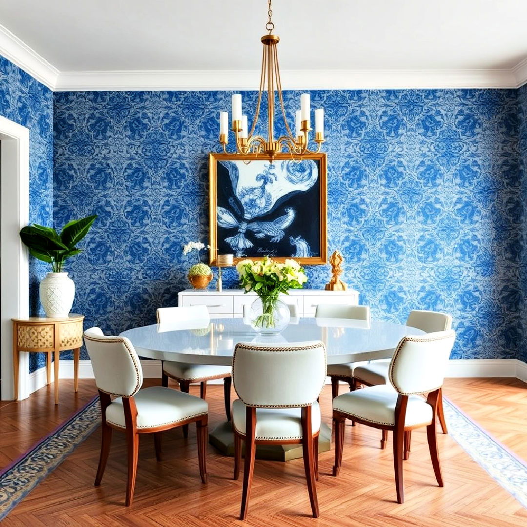 patterned blue wallpaper for dining room - 40 Blue Dining Room Ideas