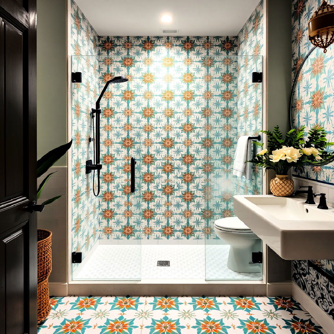 patterned cement tiles to add bohemian flair - 30 Walk-in Shower Tile Ideas