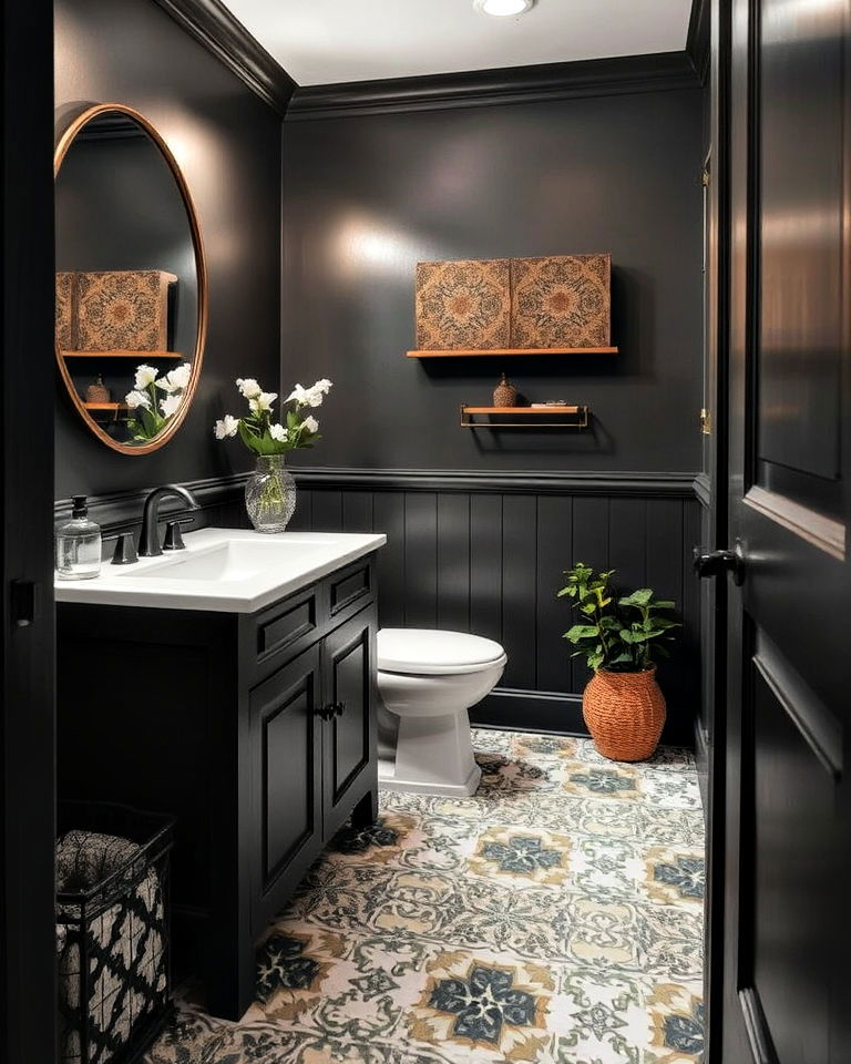 patterned cement tiles to add rustic touch - 25 Powder Room Floor Tile Ideas