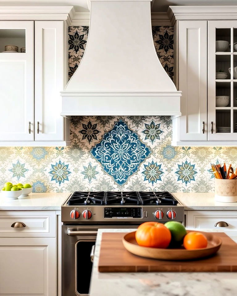 patterned ceramic tiles to add artistic flair - 40 Kitchen Backsplash Ideas for White Cabinets