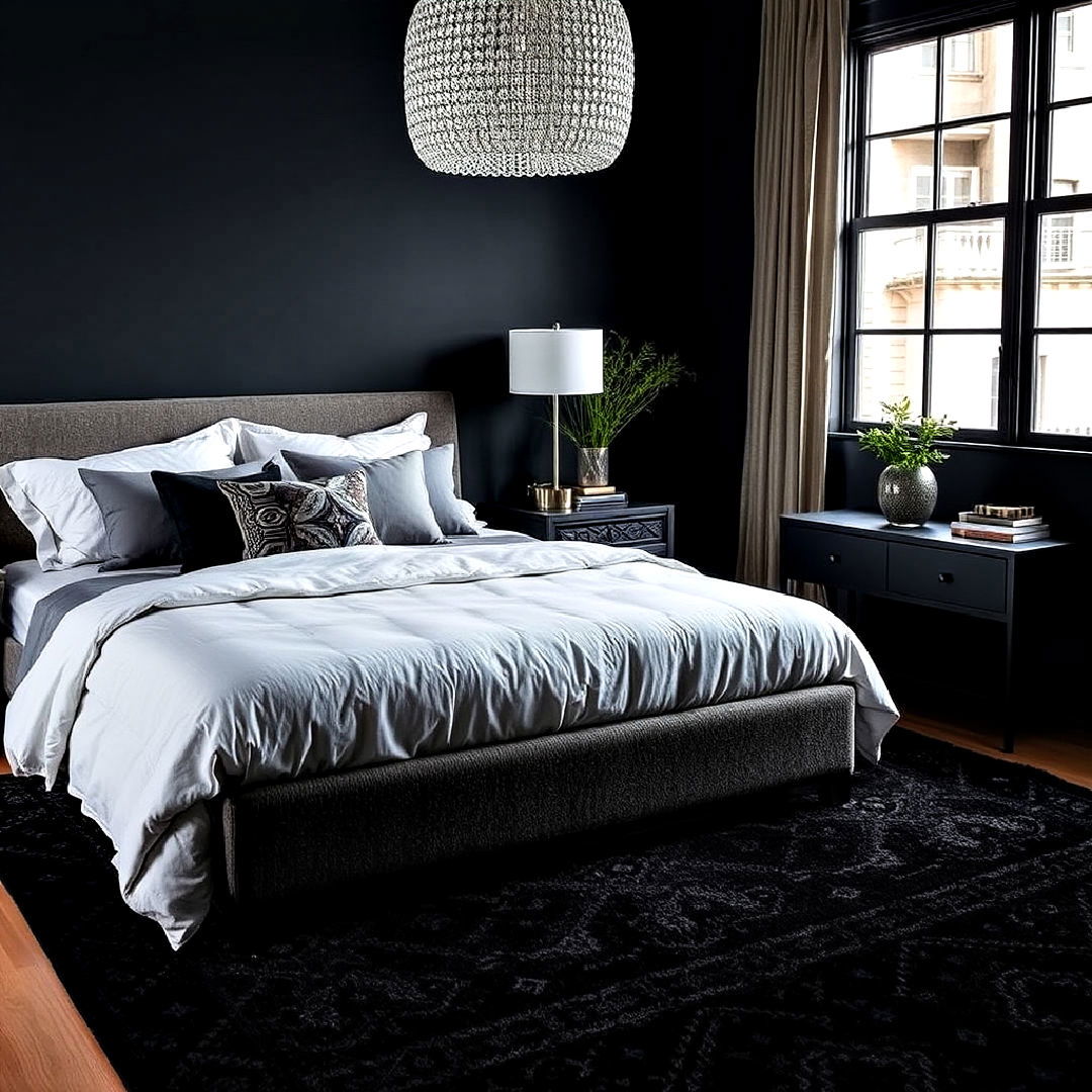 patterned dark area rug - 25 Dark Bedroom Ideas