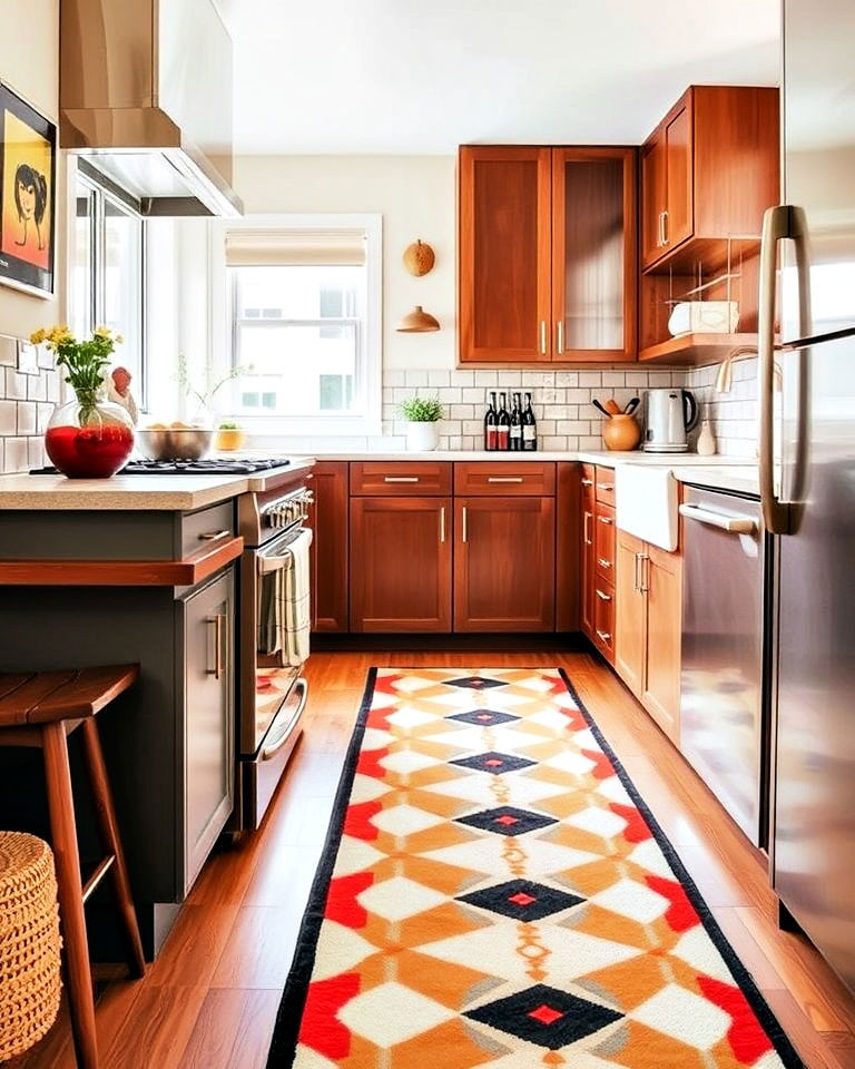 patterned floor runner in geometric print - 40 Mid-century Modern Kitchen Ideas