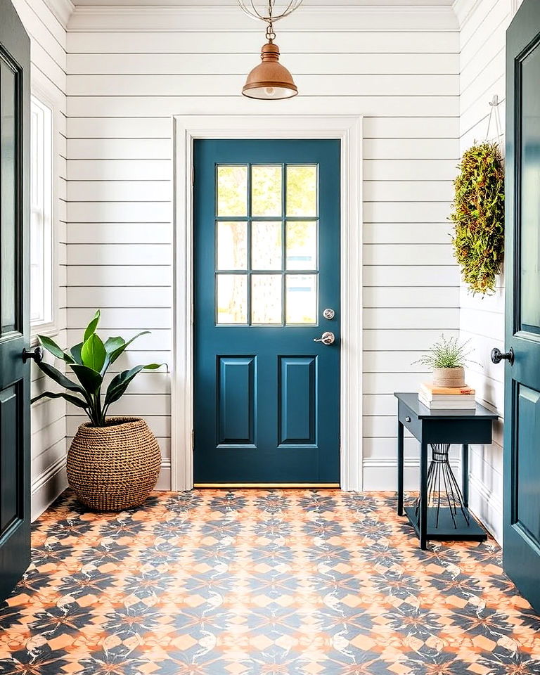 patterned floor tile for shiplap entryway - 25 Shiplap Wall Entryway Ideas