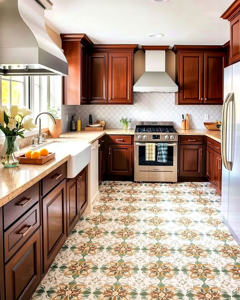 patterned floor tiles for brown kitchen cabinets - 25 Brown Kitchen Cabinets Ideas