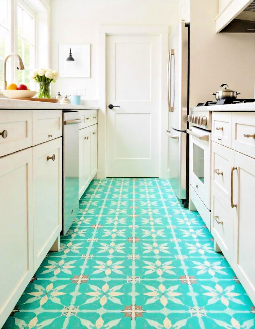 patterned floor tiles for teal floor - 20 Teal Kitchen Ideas