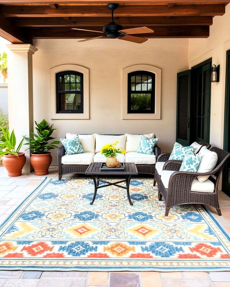 patterned outdoor rug for mediterranean patio - 25 Mediterranean Patio Ideas