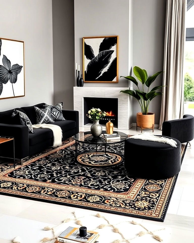 patterned rug for black and gold living room - 40 Black and Gold Living Room Ideas