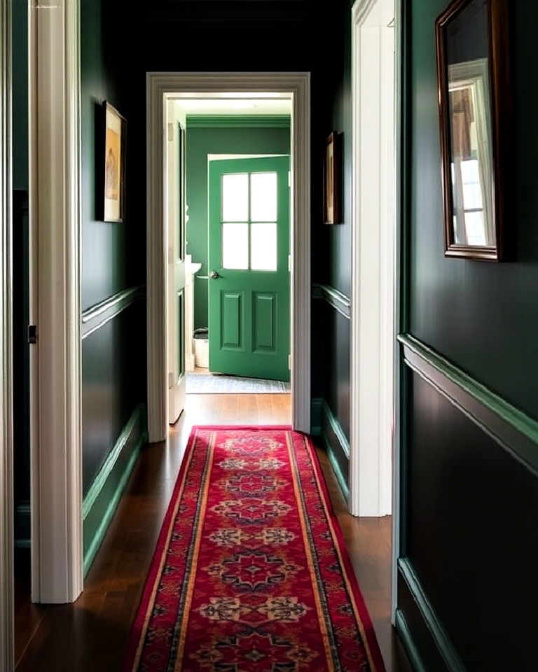 patterned runner for dark green hallway - 20 Green Hallway Ideas