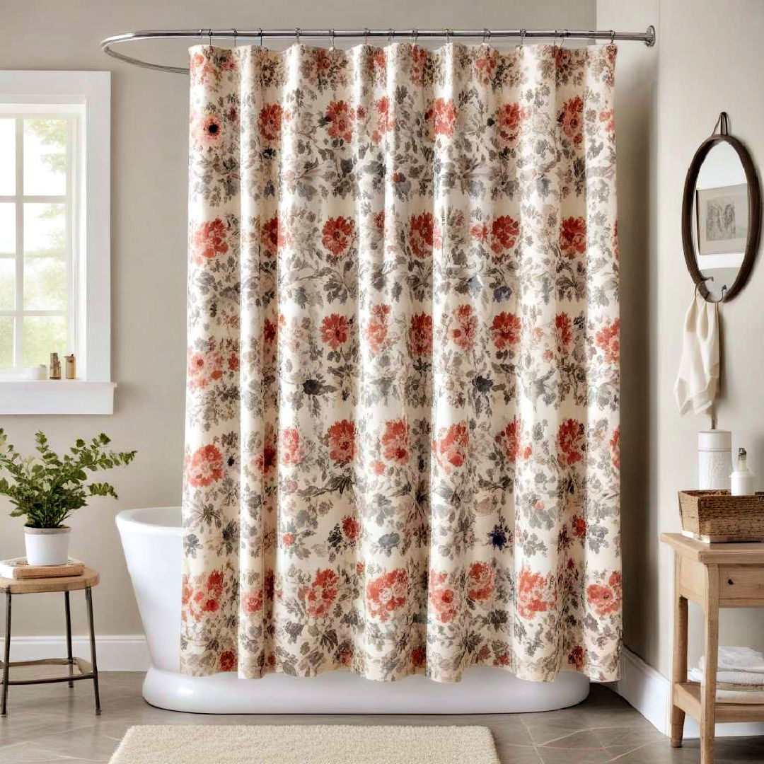 patterned shower curtain for farmhouse bathroom - 40 Farmhouse Bathroom Ideas