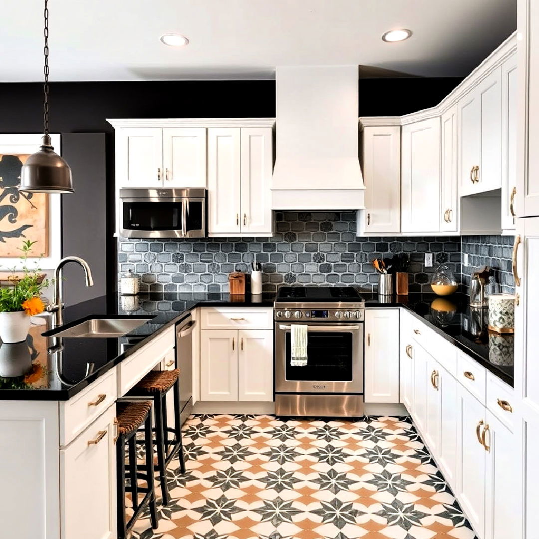 patterned tile floor ideas - 40 White Kitchen With Black Countertops Ideas