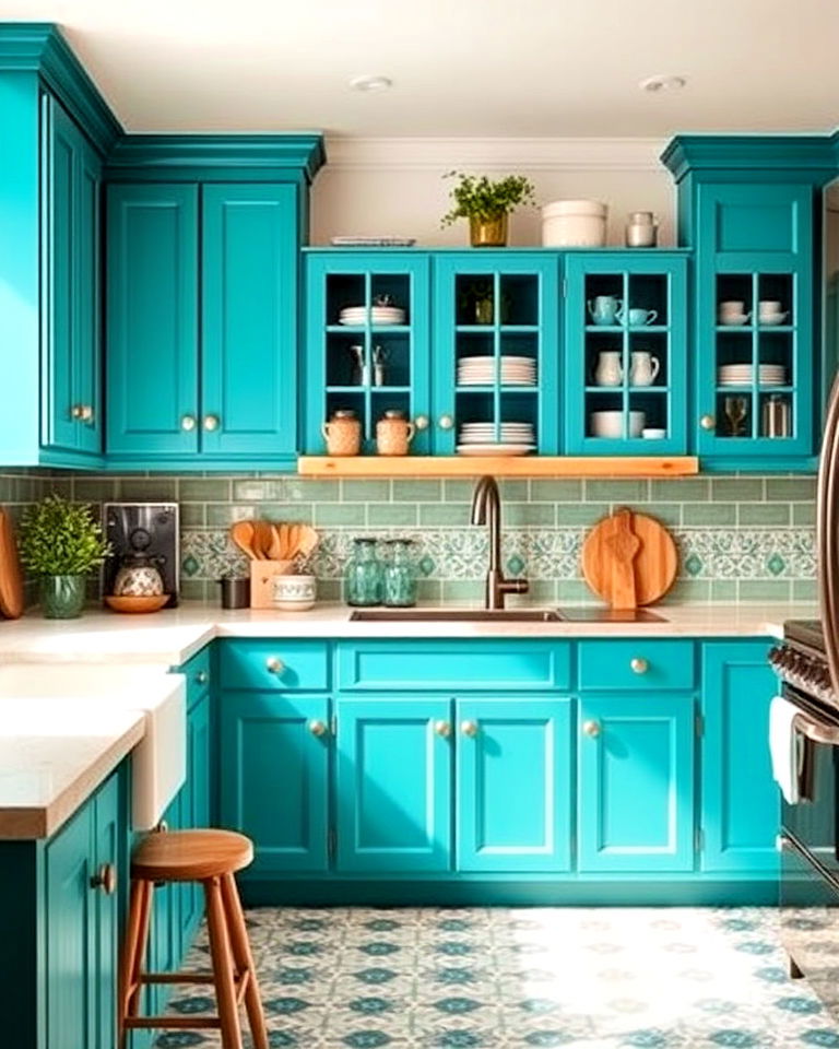patterned tiles with turquoise blue cabinets - 30 Blue Farmhouse Kitchen Cabinets