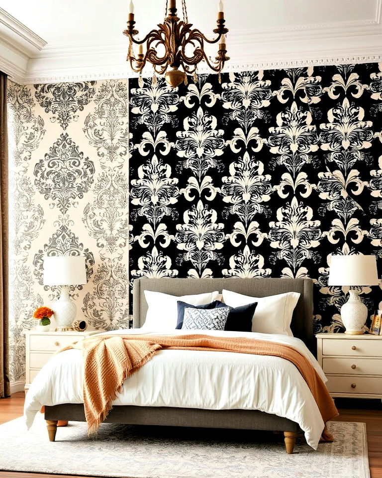 patterned wallpaper for cream and black bedroom - 35 Cream and Black Bedroom Ideas