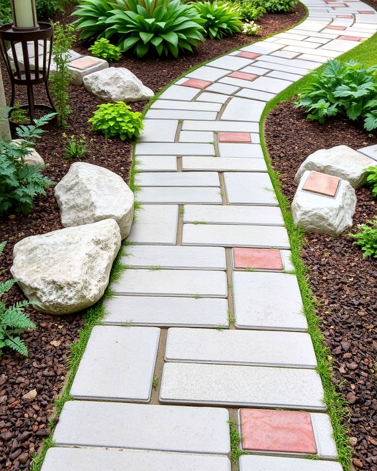 paver path with decorative inlays design - 30 Garden Path Ideas