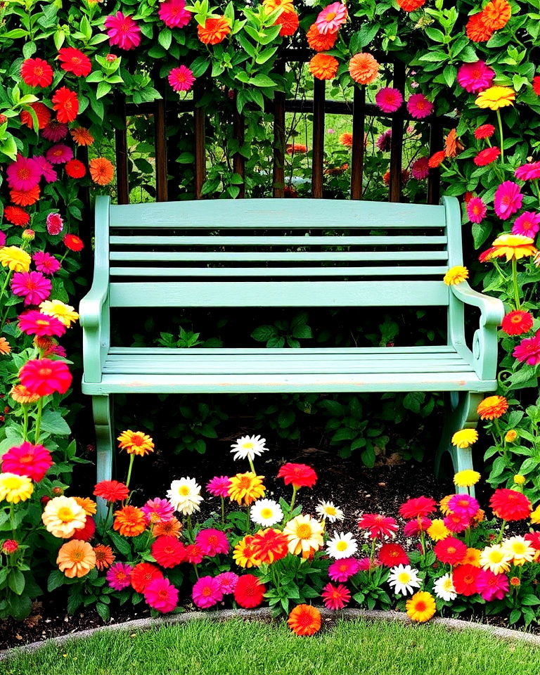 peaceful framing garden bench for relaxation - 25 Zinnia Garden Ideas