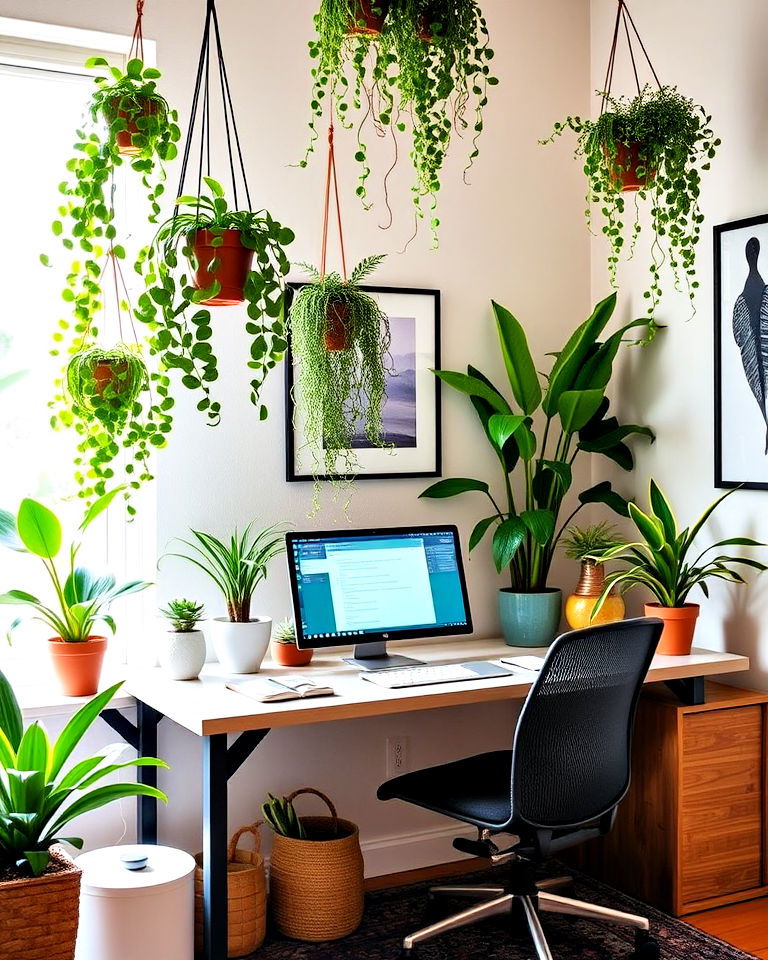 peaceful greenery and indoor plants - 25 Eclectic Home Office Ideas