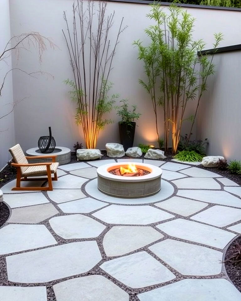 peaceful japanese style stone patio with fire pit - 25 Stone Patio With a Fire Pit Ideas