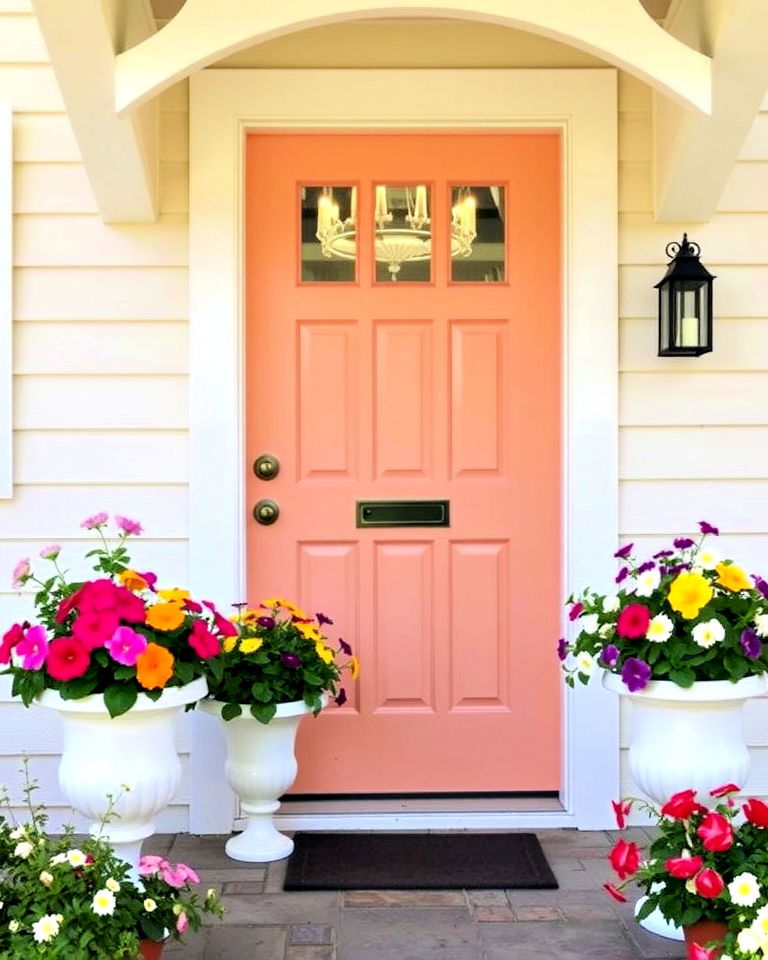 peach colored door with floral planters - 25 Cottage Front Door Ideas