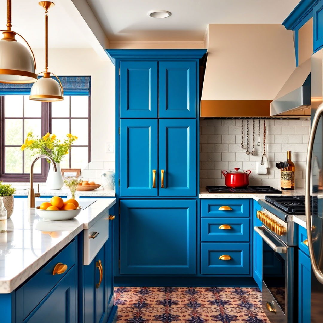 peacock blue cabinets and gold ring pulls - 30 Blue Kitchen Cabinets With Gold Hardware