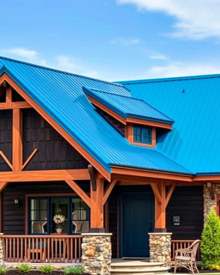 peacock blue roof for craftsman cabin - 25 Houses With Blue Metal Roofs