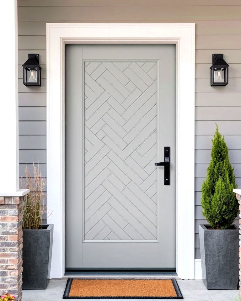 pebble grey door with chevron pattern - 25 Grey Front Door Ideas