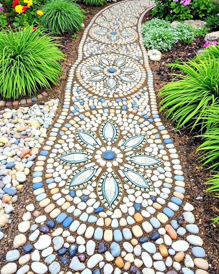 pebble mosaic pathway to add artistic flair - 30 Stepping Stone Walkway Ideas