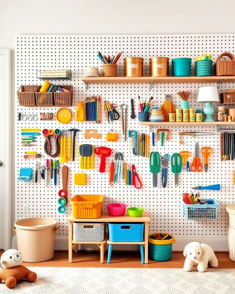 pegboard organizer to keep small toys organized - 40 Playroom Ideas