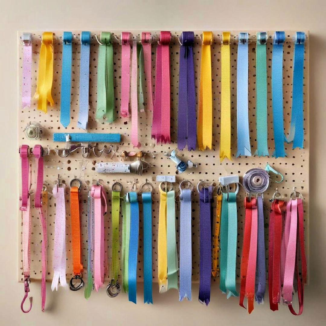 pegboard with hooks for ribbon storage - 15 Ribbon Storage Ideas