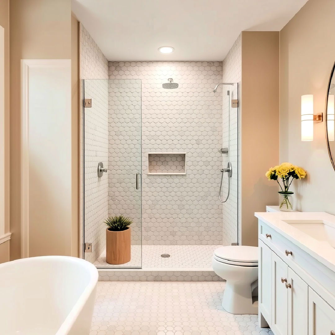 penny round tiles for retro look - 30 Walk-in Shower Tile Ideas