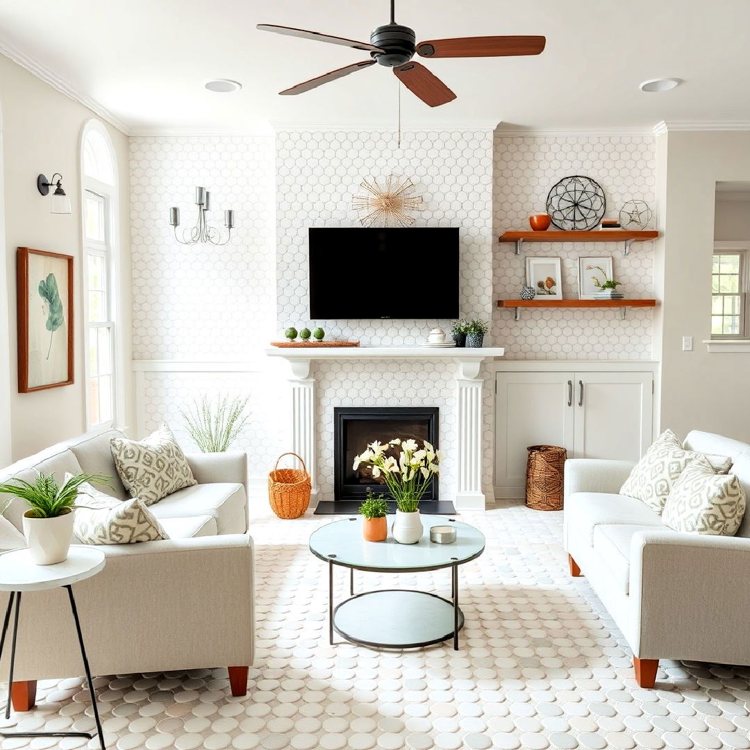 penny round tiles to add playful touch - 30 Farmhouse Fireplace Tile Ideas