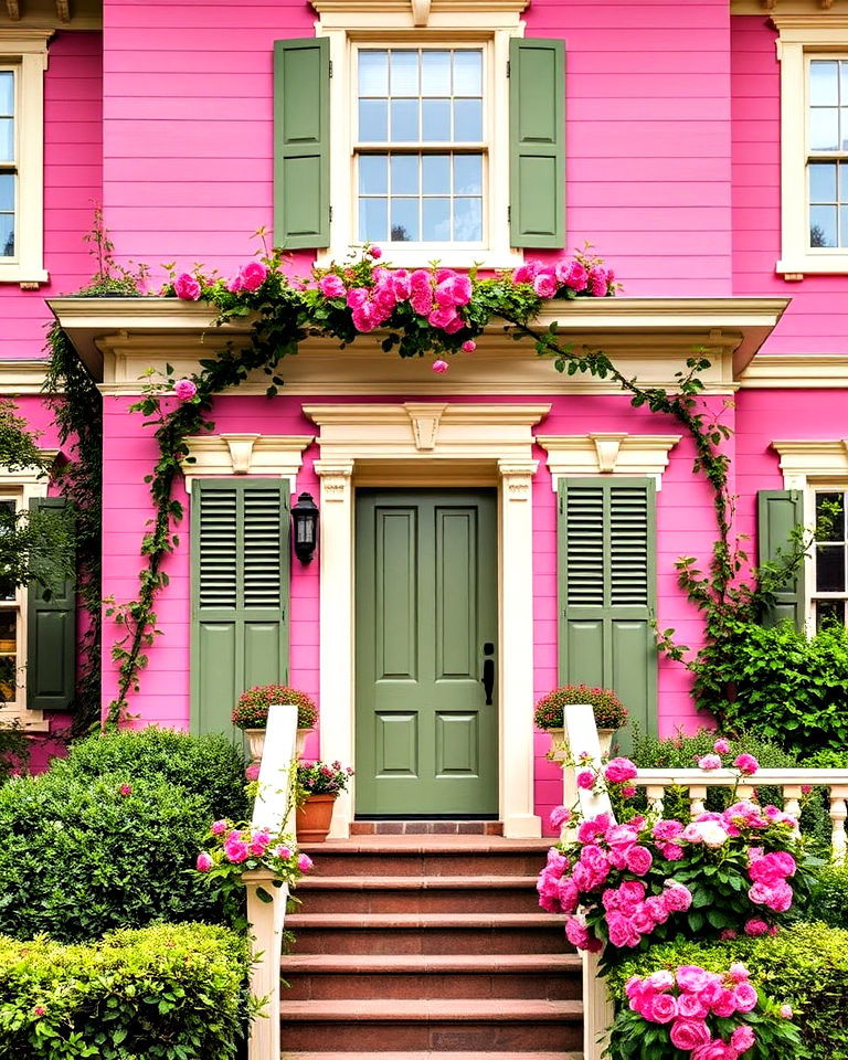 peony pink victorian house with cream and olive green - 25 Pink Victorian House Ideas